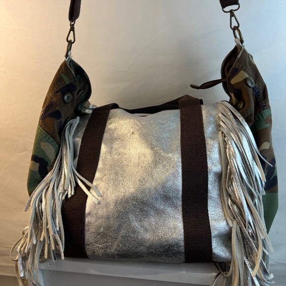 Silver Fringed Leather with Camo Fabric Hybrid Bag - Picture 3 of 16